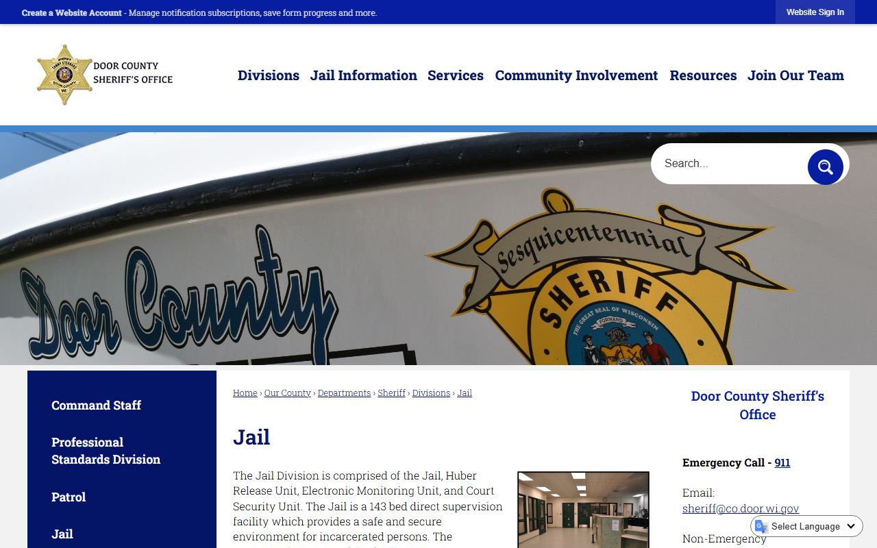 Door County Jail inmate population and jail information page