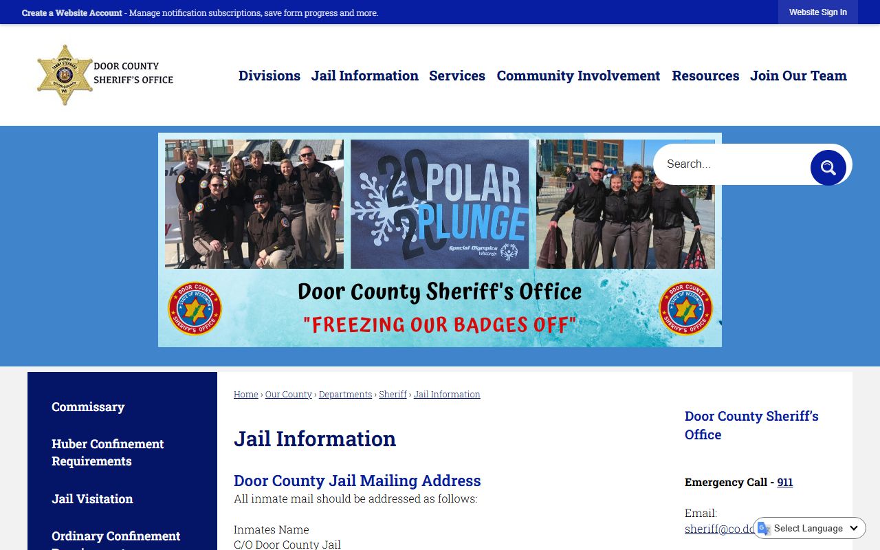 Door County Jail Information hub for inmate records and jail services