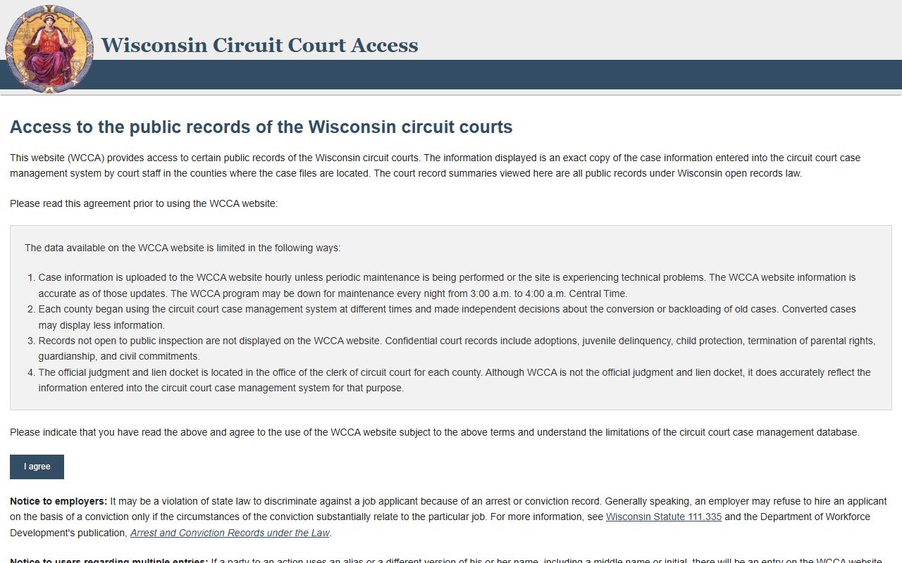 Door County court records after jail arrest WCCA search interface