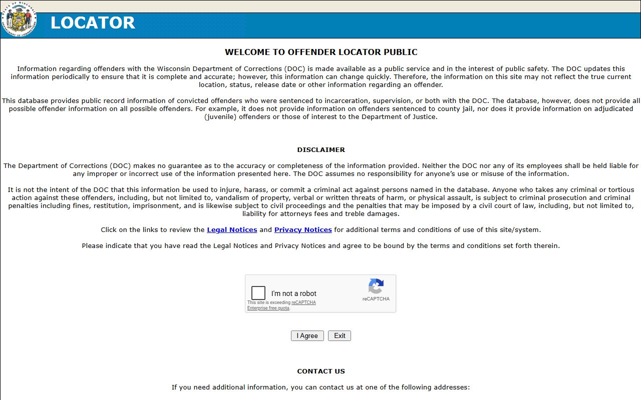 Door County inmate records Wisconsin DOC locator search interface